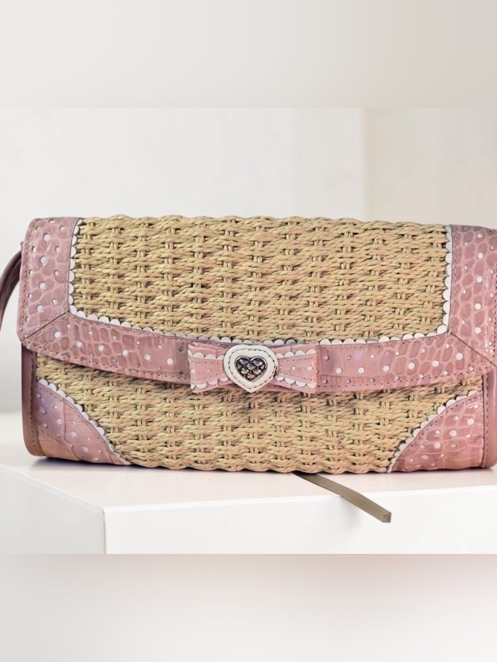 Brighton Pink-Trim Woven Straw Clutch with Heart Bow